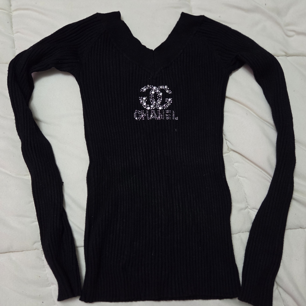 Elegant Black Long Sleeve Tee with CHANEL Silver Detail